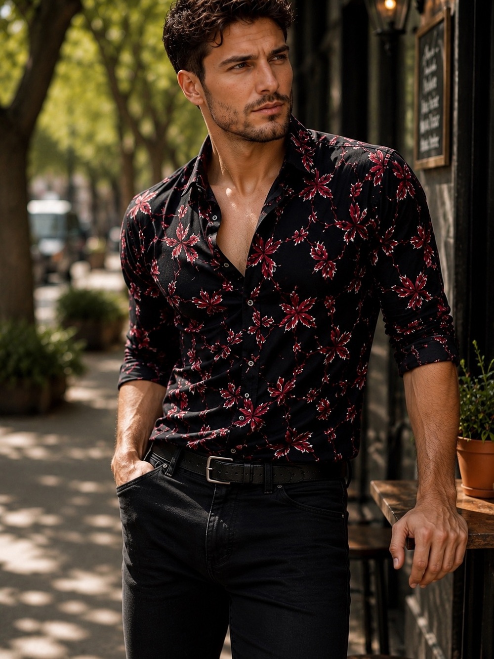 The Kooples Black Shirt with Burgundy Floral Pattern